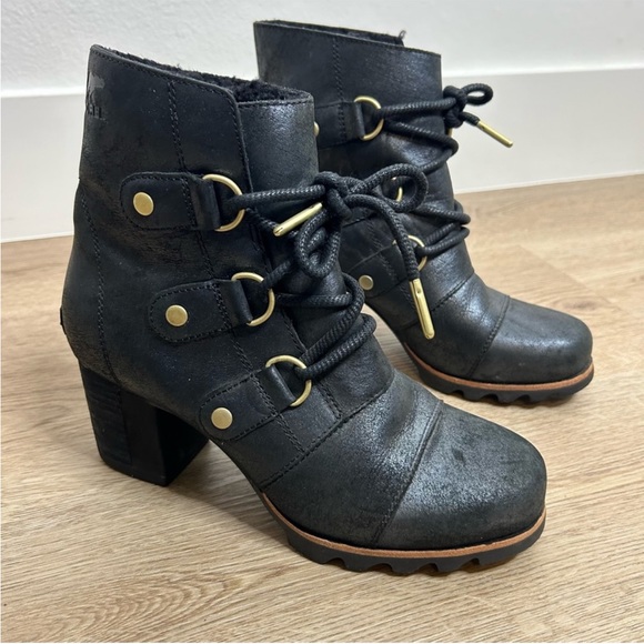 Sorel Shoes - Sorel Addington Black Leather Metallic Lace Up Heeled Boot Sherpa Lined 8